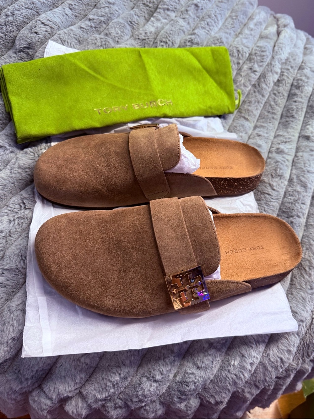 Tory Burch Taupe Suede Slip-On Clogs with Logo Accent - Picture 3 of 5